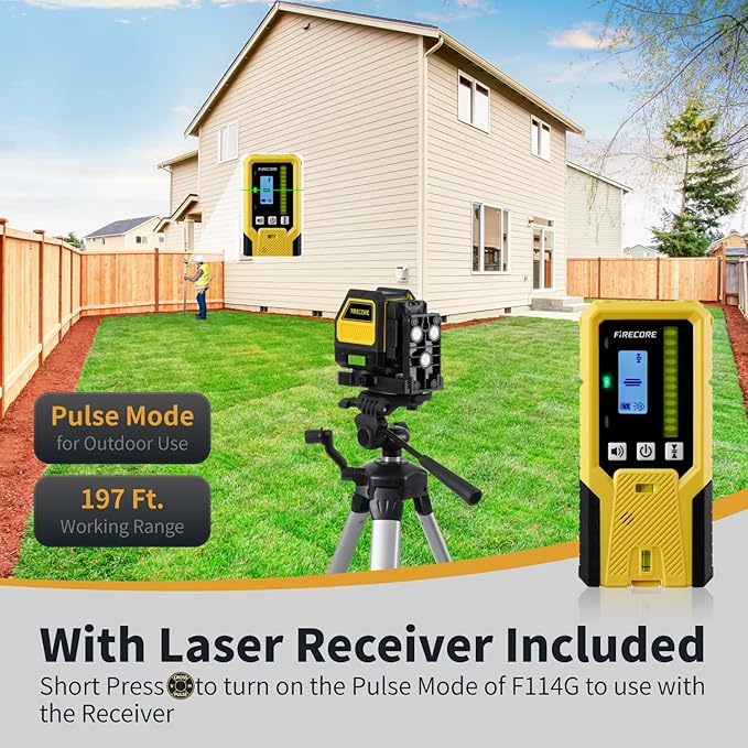 Laser Level with Receiver, Firecore Self-Leveling Cross Line Laser and Receiver Combo Kit for Outdoor, 197ft Working Range, Green Lazer Leveler Tool for Construction, Rod Clamp and Hard Case Included
