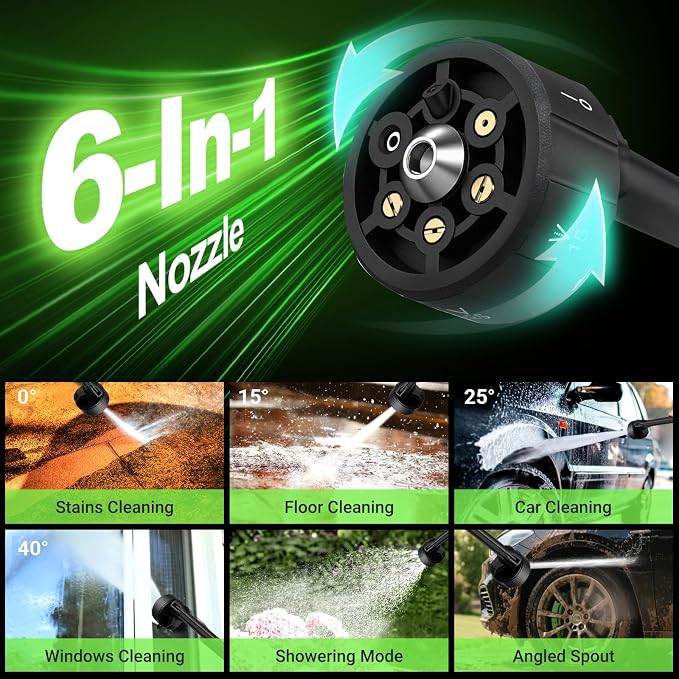Cordless Washer, 3 Gear Brushless Washer for Car Washing, Patio, Fence, Driveway, Outdoor Cleaning, with 2 Batteries, 6 in 1 Nozzle, 6 Meter Hose, Tap Adapter