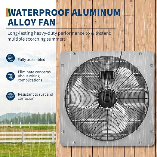 20" Shutter Exhaust Fan with 5 ft Power Cord, 3500 CFM 1500 RPM Quiet High-Speed Airflow with Automatic Shutter Wall Mount fan for Garage, Attic, Greenhouse, Shed Ventilation