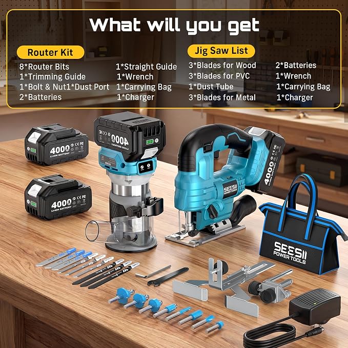 SEESII Cordless Jigsaw and Wood Router Tool for Combo Kit | with Batteries and Charger, Brushless, Aluminum Palm Router, 0-45° Bevel Jig Saw, Adjustable Speed for Cutting & Trimming