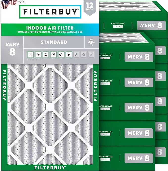 Filterbuy 20x30x4 Air Filter MERV 8 Essential Dust & Allergy Defense (12-Pack), Electrostatic Pleated HVAC AC Furnace Filters Replacement, Made in USA (Actual Size: 19.50 x 29.50 x 3.63)