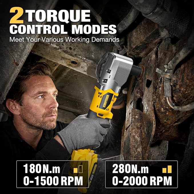 20V Brushless Right Angle Wrench, 1/2" Cordless Ratchet with 207 Ft-lbs(280N.m), Slim 90° Head for Tight Spaces, Automotive Repair, Engine Bay & Machinery Maintenance, 2 Batteries