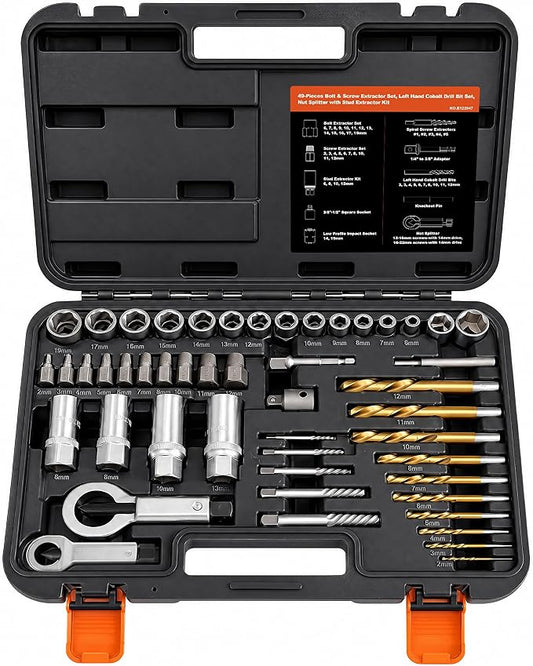 49PCS Bolt Extractor Kit, Screw & Stud Remover Set with Left Hand Drill Bits, Spiral Extractors, Nut Splitter, Impact Sockets for Stripped, Rusted Bolts