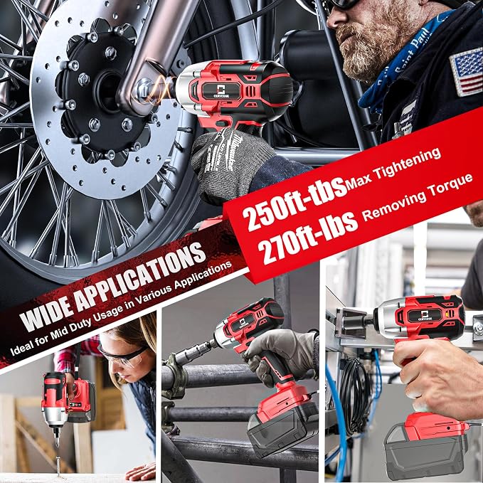 Cerycose Cordless Impact Wrench Compatible with Milwaukee 18V Battery, 250FT-LBS 3/8 inch Compact Impact, Brushless Electric Gun with LED Work Light, Tool Only