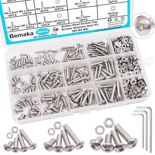 500PCS M3 M4 M5 Metric Screw Assortment Kit, 8-20mm Button Head Socket Cap Screws Bolts Nuts Washers Assortment Kit, 304 Stainless Steel Metric Bolts with 3 Hex Wrench