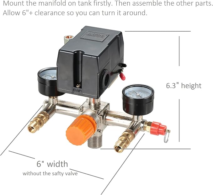 Secbolt Pressure Switch Manifold Regulator Gauges Air Compressor Pressure Switch Control Valve 90-120PSI (Horizontal Switch)