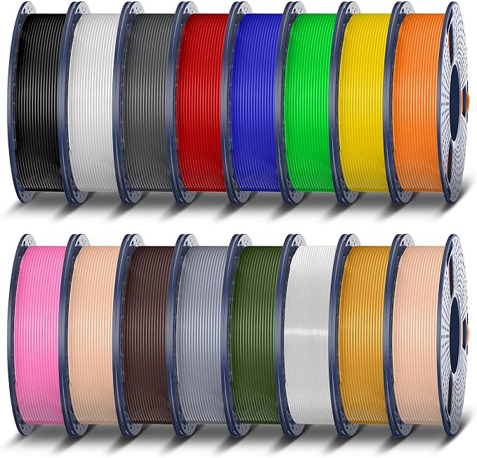 TECBEARS PLA 3D Printer Filament Bundle, 250g PLA Filament, 0.25kg/Spool,Total 4kg, 16 Packs, Black+White+Grey+Red+Blue+Green+Yellow+Orange+Pink+Skin+Chocolate+Silver+Olive Green+Transparent+Gold+Wood