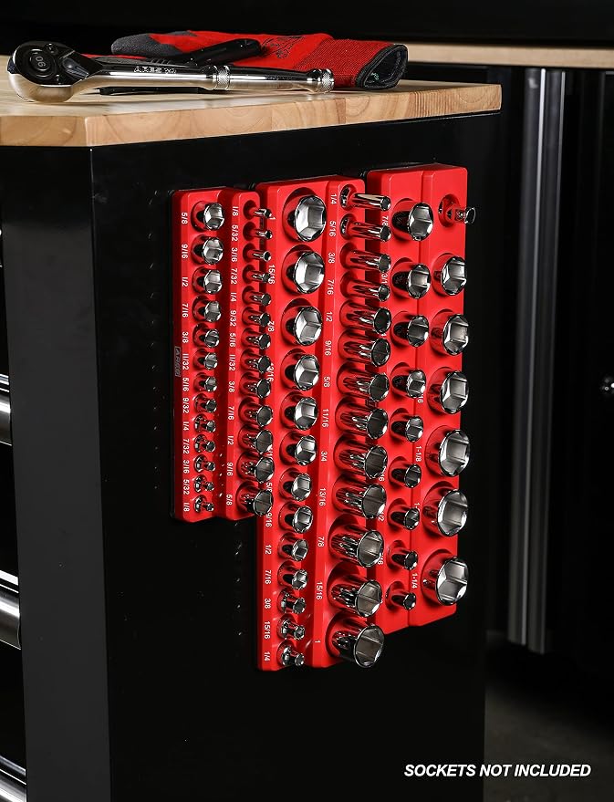 ARES 60035-3-Piece Set SAE Magnetic Socket Organizers - RED -Includes 1/4 in, 3/8 in, 1/2 in Socket Holders - Holds 68 Standard (Shallow) and Deep Sockets - Also Available in GREEN