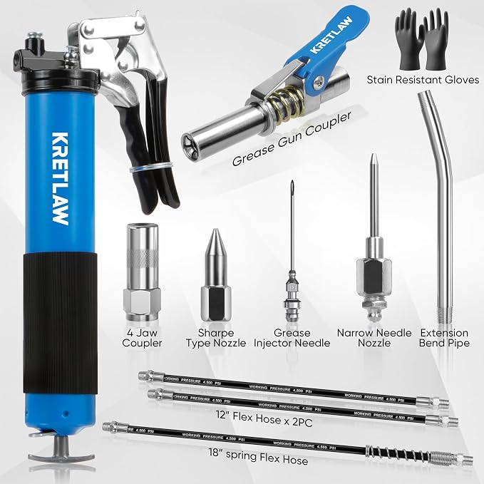KRETLAW Grease Gun, 7000 PSI Heavy Duty Professional Pistol Grip Grease Gun Kit with Double Grease Injector Needle and 18" & 2pc 12" Flex Hose,14oz