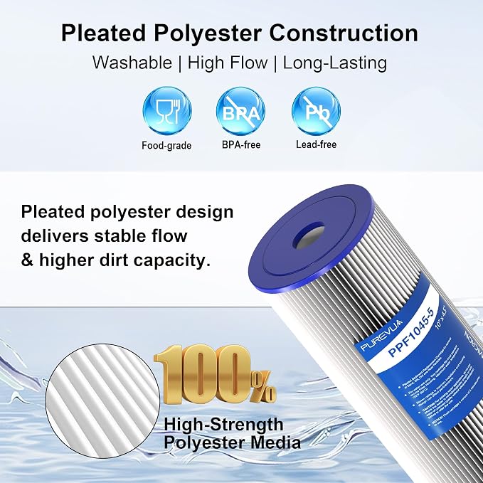 4-Pack 10" x 4.5" Pleated Sediment Water Filter Cartridge, 5 Micron High Flow Whole House Water Filter Replacement for Well Water, Compatible with Culligan R50-BBSA, GE FXHSC, ECP5-10B, R30-BB
