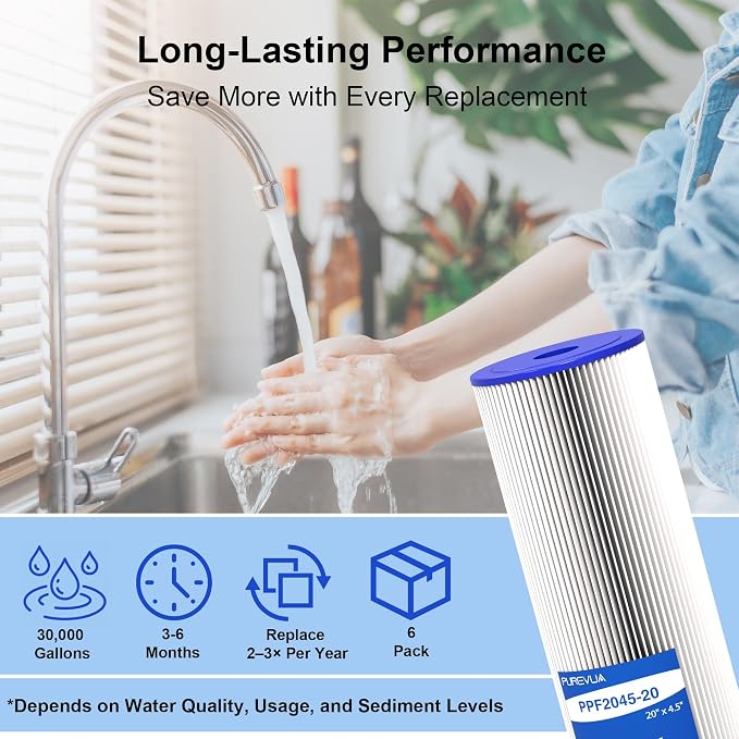6-Pack 20" x 4.5" Pleated Sediment Water Filter Cartridge, 20 Micron High Flow Whole House Water Filter Replacement for Well Water, Compatible with ECP20-20BB, SPC-45-2020