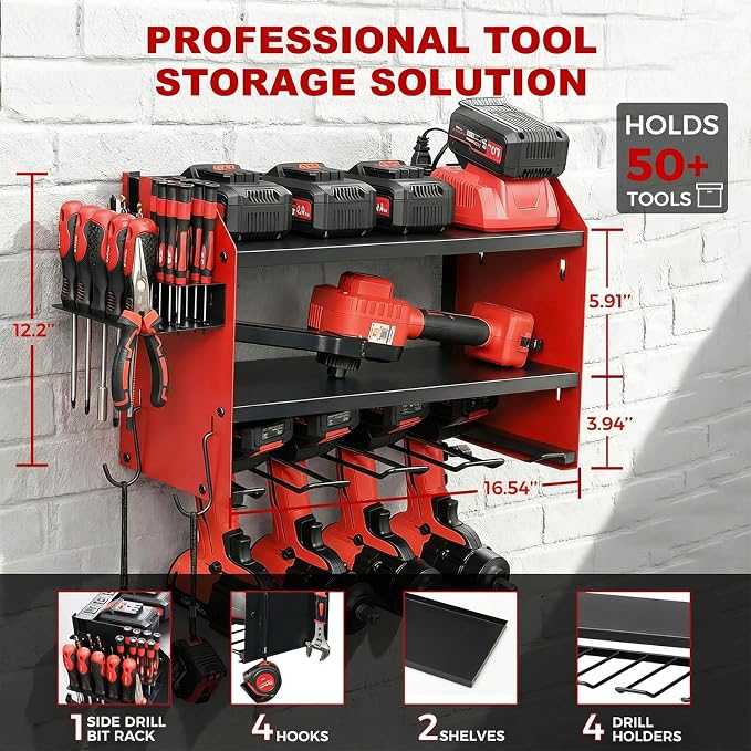 Power Tool Organizer Wall Mount with Charging Station, Heavy Duty 3 Layer Garage Tool Storage with 4 Cordless Drill Holder and 8 Outlet Power Strip, Gift for Men Husband Dad Birthday Anniversary red