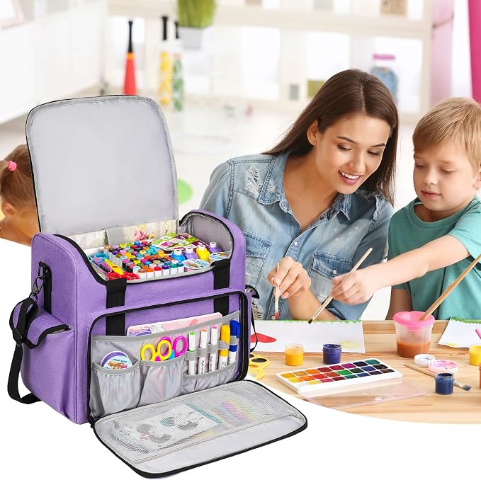 Craft Bag for Scrapbook Supplies, Large Scrapbook Tote with 15.6'' Laptop Sleeve, Art Supply Storage Bag with Multiple Pockets for Scrapbooking Tools, Purple