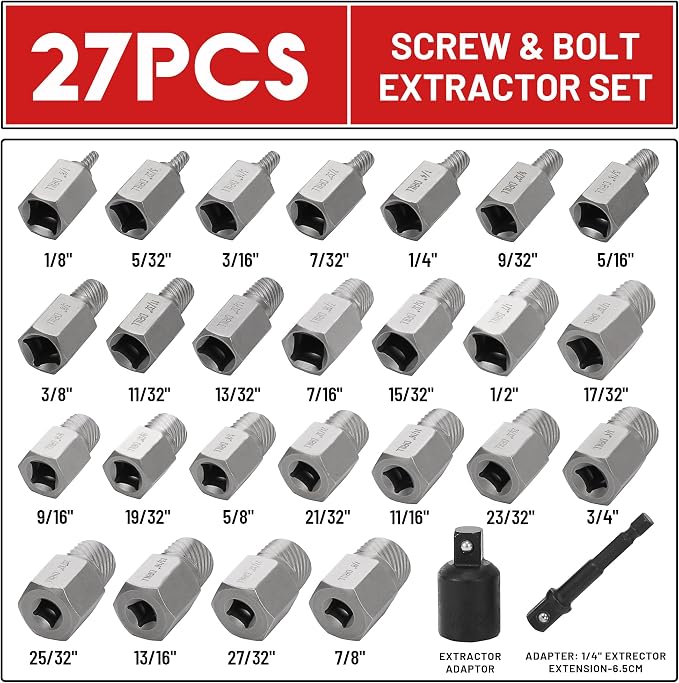 27Pcs Screw Extractor Set Hex Head Multi-Spline Easy Out Bolt Extractor Set 3/8 Inch Drive, Stripped Bolt Remover, Bolt Extractor Kit for Removing Broken Rusted Bolts Studs Nuts Socket Screws