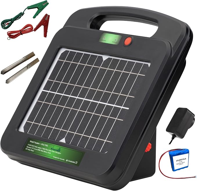 Solar Powered Electric Fence with Lithium Battery Energizer Containment & Protection of Livestock Horses Cattle Sheep Pets Easy Install Charger 0.25 Joules Output (9-11KV)