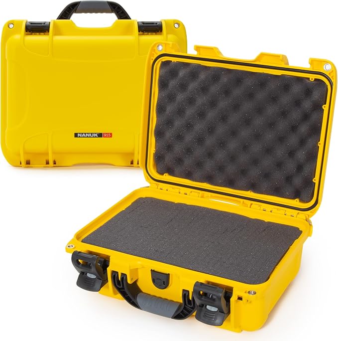 NANUK 915 Hard Case with Cubed Foam – Compact Waterproof Travel Camera Hard Case with Padded Dividers, 13.8” x 9.3” x 6.2” – Dustproof and Impact Resistant, Airline Carry-On Approved – Yellow