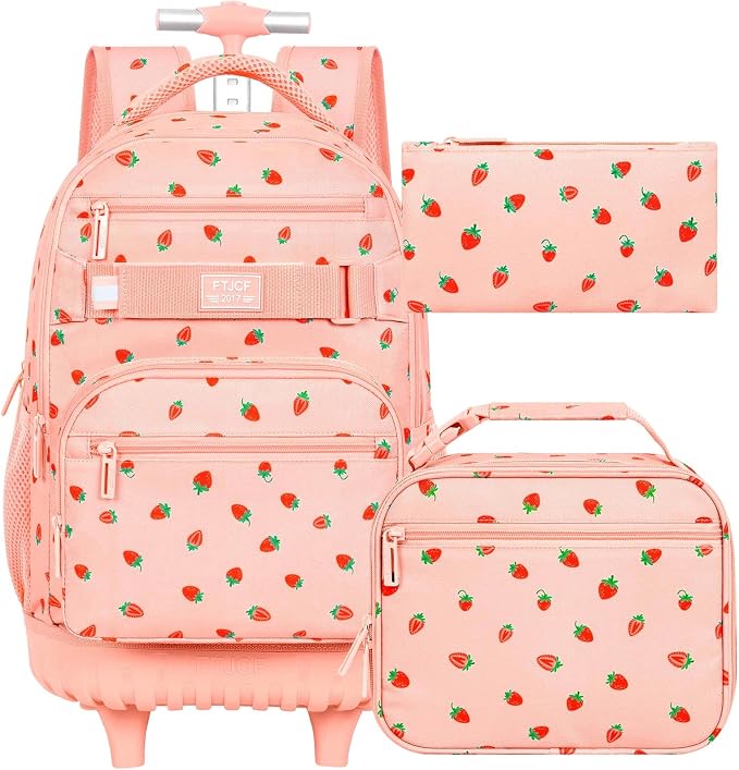 3Pcs Rolling Backpack for Girls Women, Travel Roller Backpacks with Wheels for Adults, Teens College Strawberry Wheeled Bookbag with Lunch Box (Pink)