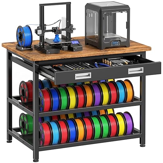 Heavy Duty 3D Printer Stand with Storage, 3D Printer Table with Metal Drawer,Sturdy 3-Tier Metal 3 D Printing Desk for 3 D Printers,Brown