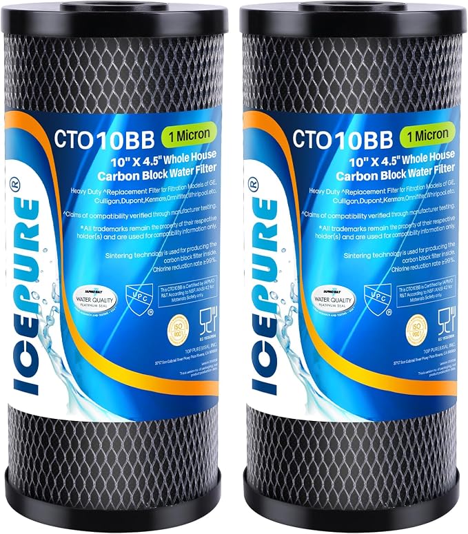 ICEPURE 10"X4.5",1 Microns Whole House Sediment Activated Carbon Water Filter Compatible with Dupont WFHDC80012PACK and ICEPURE 10" x 4.5" Whole House Water Filter Compatible with GE FXHTC 2 Pack