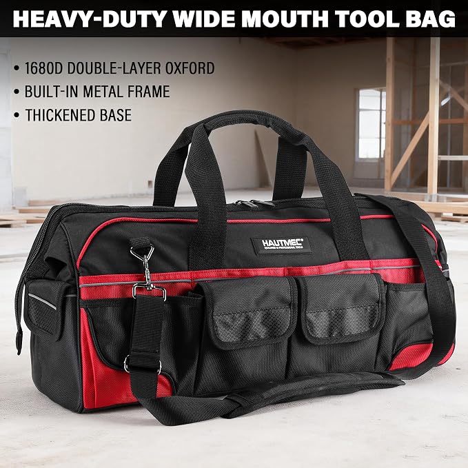 HAUTMEC 24" Heavy-Duty Large Tool Bag, 1680D Wear-Resistant Wide Mouth Tool Bag with Metal Frame & Hard Base, 36 Pockets, Level Holder, Anti-Tangle Padded Shoulder Strap – HT0284