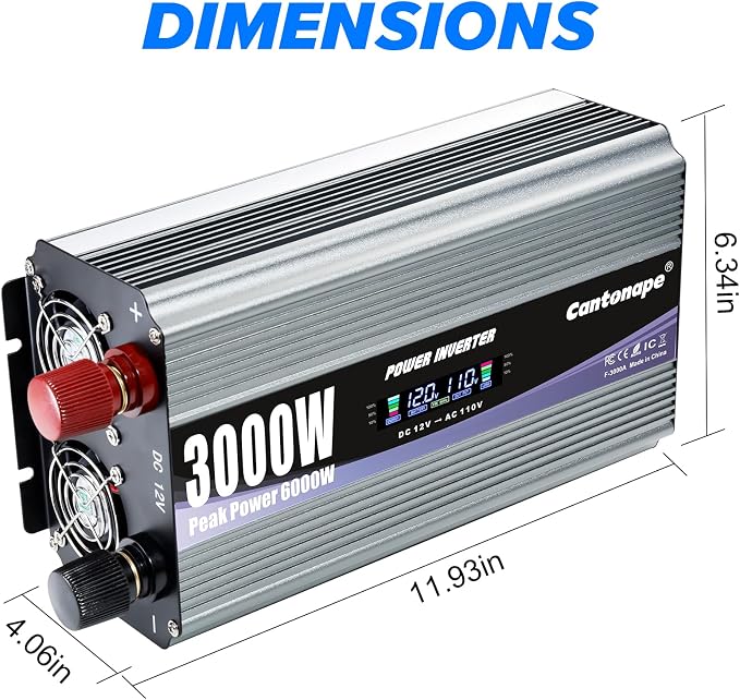 Cantonape 3000W Power Inverter 12V to 110V/120V DC to AC with LCD Display, Remote Controller and 4 x AC Outlets Car Adapter for Car Truck Boat RV Off Grid Solar System
