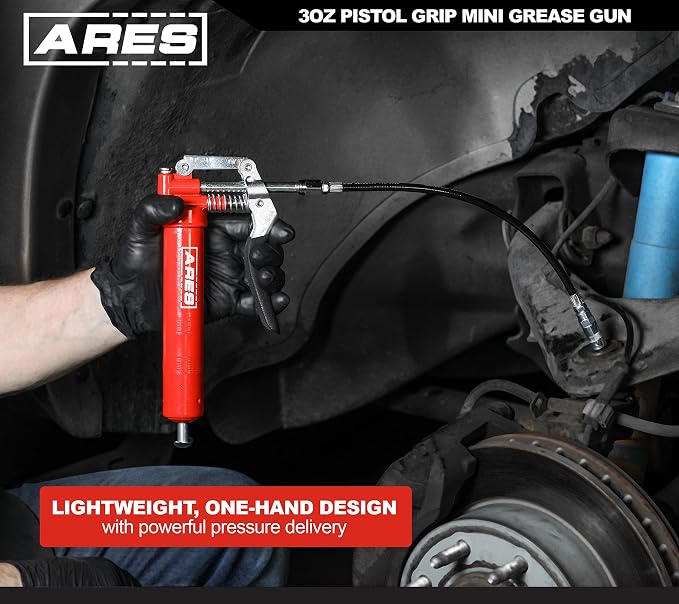 ARES 53011 – 3oz Pistol Grip Mini Grease Gun – Includes 12-Inch Flex Hose and 4-Inch and 6-Inch Straight Extensions – 3000 PSI Working Pressure Rating