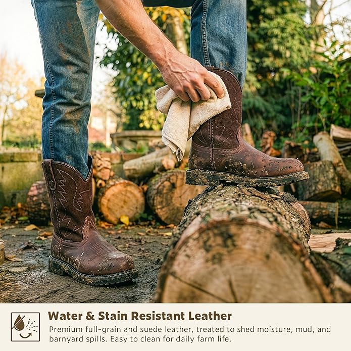J‘s.o.l.e Men's Cowboy Work Boots Leather Goodyear Welt Non-Slip Rubber Outsole Round Toe Pull-On Brown – Steel Toe & Soft Toe Options