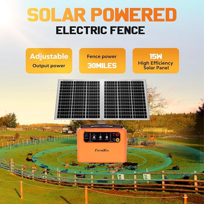 24 Hour Solar Electric Fence Charger, 30 Miles Solar Fence Energizer, 6-12KV Adjustable Output, 1.5J Solar Charger, 15W Solar Powered Electric Fence Kit for Livestock, Predator Protection