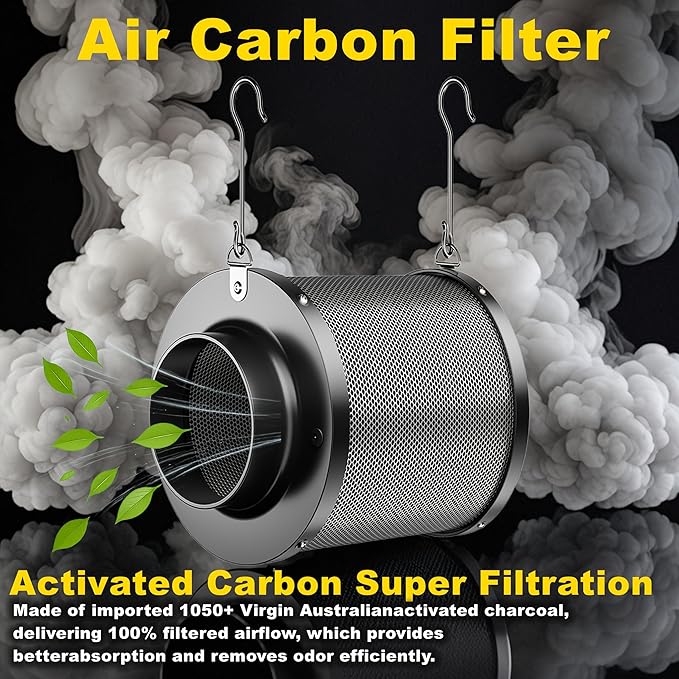 Air Filtration Kit, 4" 190 CFM Inline Duct Fan with Speed Controller, 12" High Carbon Filter, 8 Ft Ducting & Rubber Coupler, Air Cooling and Filtration Kit for Grow Tent, Hydroponics
