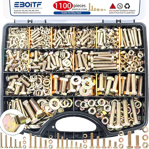 1100cs Grade 8.8 Metric Bolts and Nuts Assortment Kit, M4, M5, M6, M8, M10 Heavy Duty Hex Bolts and Nuts Kit, Assorted Nuts, Bolts, Flat & Lock Washers, Yellow Zinc Plated, Length from 12-40 mm