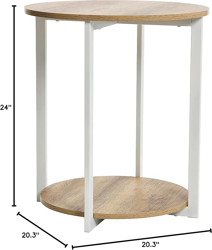 Household Essentials Jamestown Round Side End Table with Storage Shelf Coastal Oak Rustic Wood Grain and White Metal