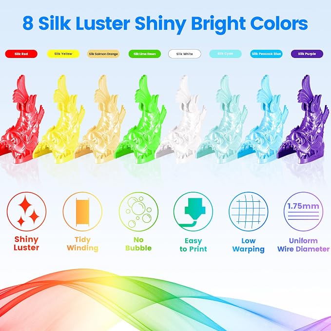 MIKA3D 1.75mm 3D Printer Silk Shiny PLA Filament 8 Spools Bundle, Silk Luster Red Orange Yellow Green Cyan Blue Purple White 8 Most Popular Shining Colors, 0.25kg/Spool, Total 2kg