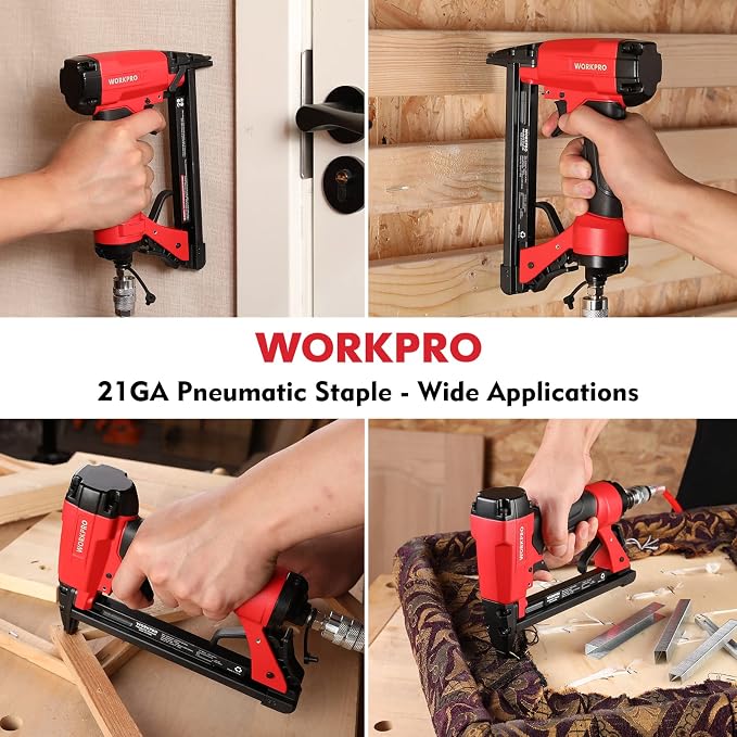 WORKPRO 8016 Pneumatic Staple Gun, 21 Gauge Upholstery Stapler with 1500pcs Staples 1/4" to 5/8", Air-Powered, Rear Exhaust, for Carpentry, Woodworking and DIY Projects