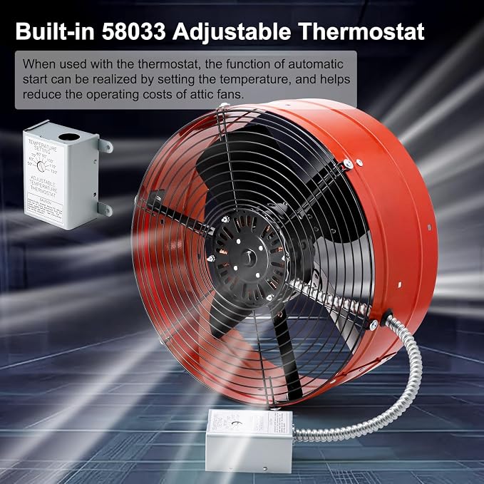 Criditpid 15" Gable Mount Vent Attic Fan, Exhaust Ventilation Fan with Adjustable Thermostat for Gable, Home, Shed, Garage, Portable Building, 3.4A, 1300CFM, 1075RPM, 1850 Sq.Ft Coverage Area, Red.