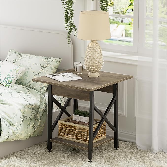GreenForest Square End Table 24 Inch with X-Frame 2-Tier Storage | Nightstand for Living Room & Bedroom, Rustic Decor, Sturdy, Waterproof Scratchproof Top, Easy Assembly, Gray Wash