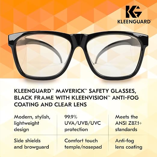 Kleenguard™ V30 Maverick™ Safety Glasses (56567), Clear Lenses with KleenVision™ Anti-Fog coating, Black Frame, Carrying Case, Eyewear for Men and Women