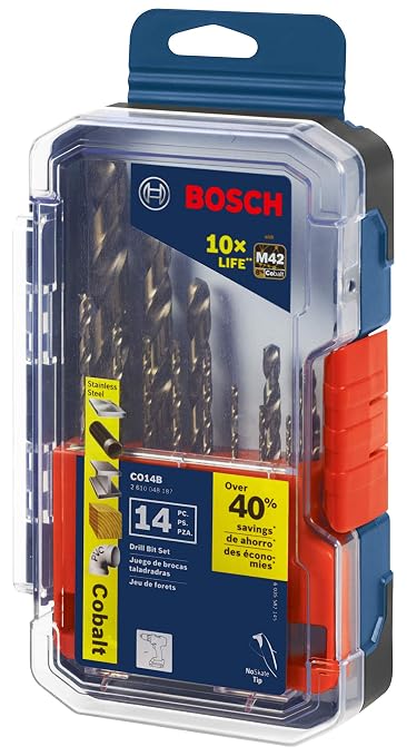 BOSCH CO14B 14-Piece Cobalt Drill Bit Set with Included Case - M42 Metal Drill Bits with Three-Flat Shank for Drilling Applications in Stainless Steel, Cast Iron, Titanium, and Light-Gauge Metal