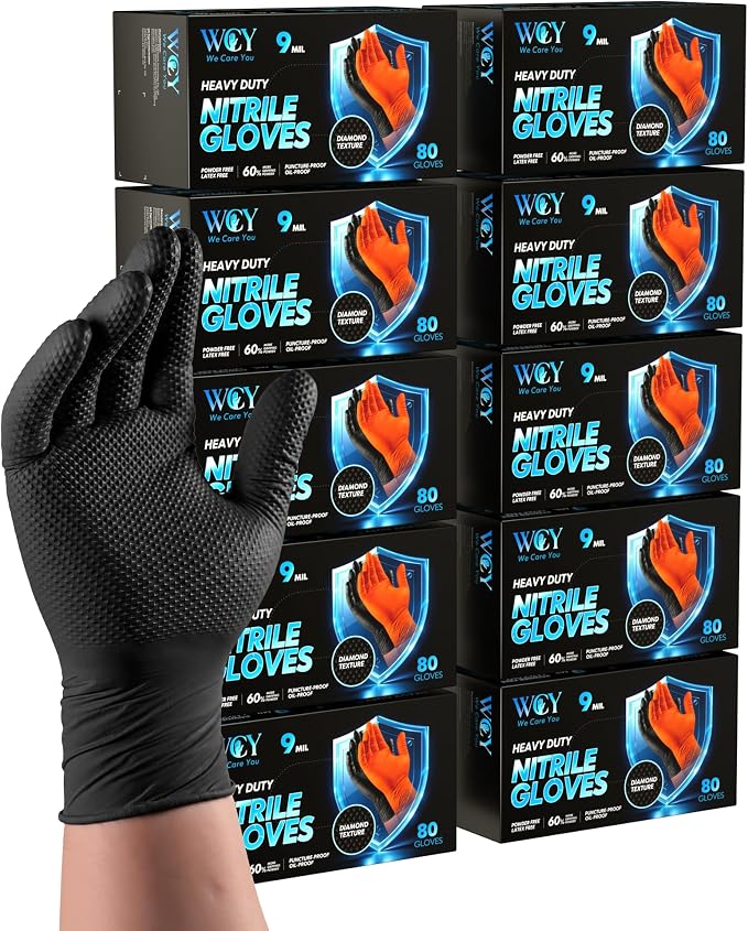 wcy Black 9 Mil Heavy Duty Nitrile Gloves XL, 800 Counts, Diamond Texture, Latex & Powder Free, Chemical Resistant Disposable Rubber Gloves for Mechanics, Automotive, Industrial & Food Handling