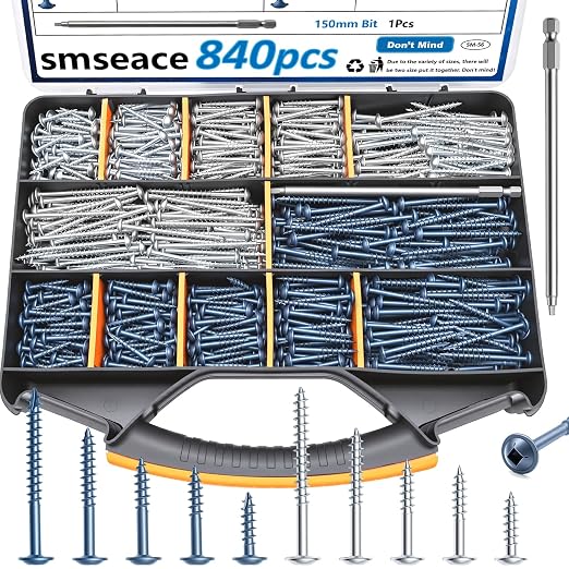 smseace 840Pcs Pocket Hole Screws Assortment Kit #8 x 1, 1-1/4", 1-1/2", 2", 2-1/2" Blue Coated and Zinc Coated Square Drive Pocket Screws with 150mm Drive Bit Wood Screw Set