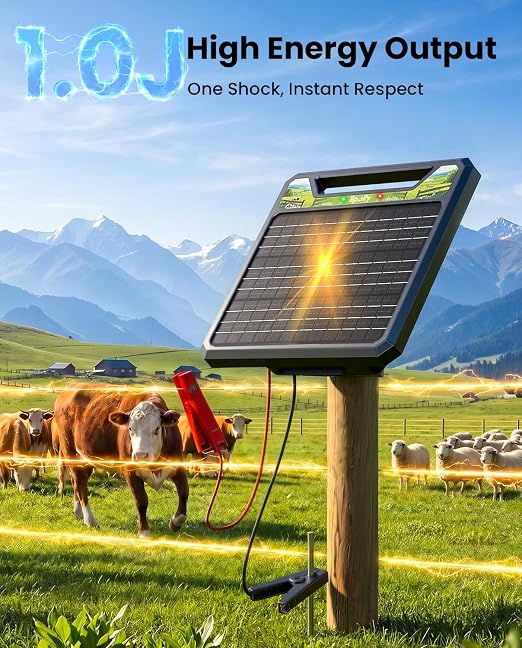 Solar Electric Fence Charger 1.0J, Epoify LD03 45 Mile Fence Energizer with 8W Solar Panel & 8000mAh Battery, Auto Short Circuit Alarm, Weatherproof for Cattle, Horses, Goats & Predator Control