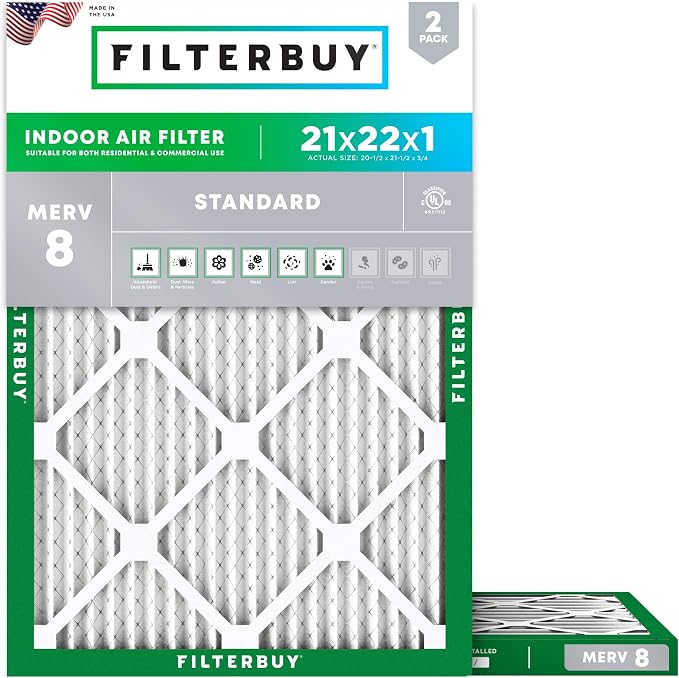 Filterbuy 21x22x1 Air Filter MERV 8 Essential Dust & Allergy Defense (2-Pack), Electrostatic Pleated HVAC AC Furnace Filters Replacement, Made in USA (Actual Size: 20.50 x 21.50 x 0.75)