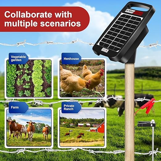 20 Miles Solar Powered Electric Fence Charger – 0.32J Output, 24/7 Day/Night Protection, Portable Fence Energizer for Dogs, Chickens, Garden, Livestock, Rechargeable Solar Panel, Rugged & Waterproof