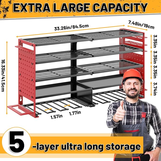 5 Layers Power Tool Organizer Wall Mount, Metal Cordless Tool Hanger Storage Rack Holder with 8 Drill Holders, Heavy Duty Garage Wall Tool Shelf for Workshop Tool Room Shed Pegboard (Black Red)