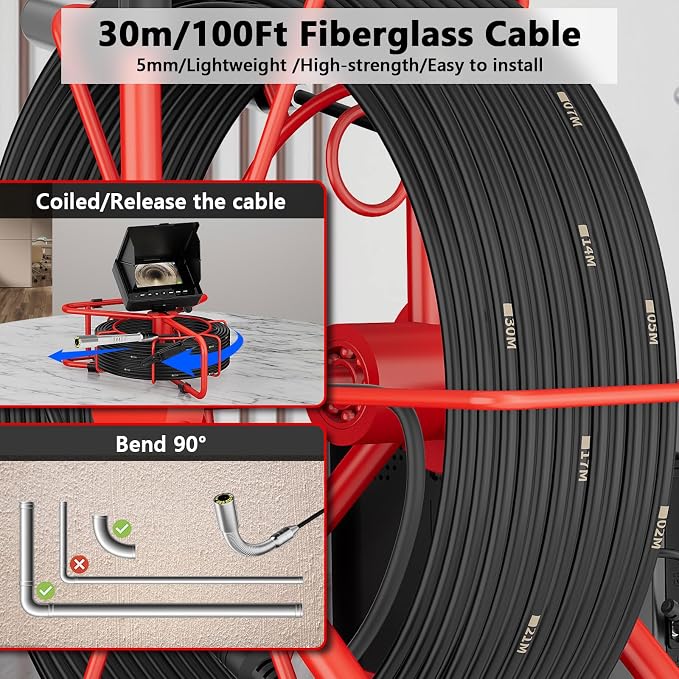 Sewer Camera,100FT/30M 4.3" Pipe Drain Inspection with DVR Function and LED Lights,18mm Borescopes Plumbing 8500Mah Battery Waterproof IP68 Endoscope HD 1000TVL 32GB Card (18mm Camera)
