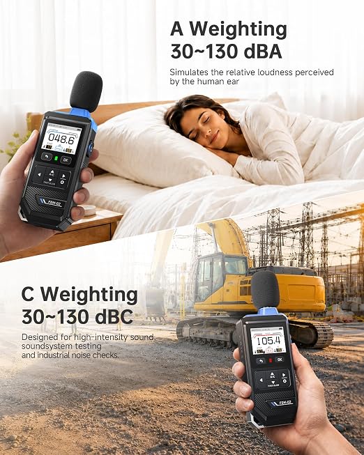 FNIRSI FDM-02 Decibel Meter, 30–130dB Sound Level Meter with 2" IPS Screen, A/C Weighting & Fast/Slow Response, Rechargeable for Home, Audio & Workplace Noise