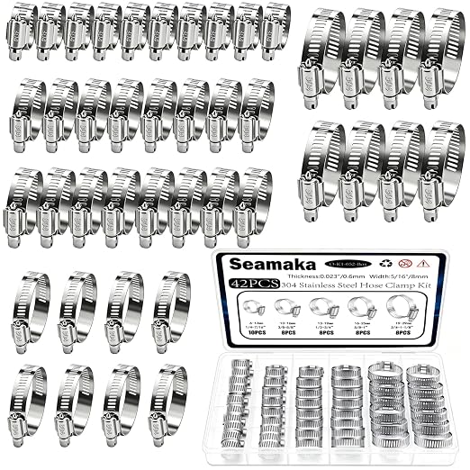 Hose Clamp Assortment 42PCS 304 Stainless Steel Hose Clamp Kit 1/4"–1-1/8" (6-29mm) Worm Gear Hose Clamps Small Hose Clamps for Automotive Radiator Pipe,Plumbing,Fuel Line
