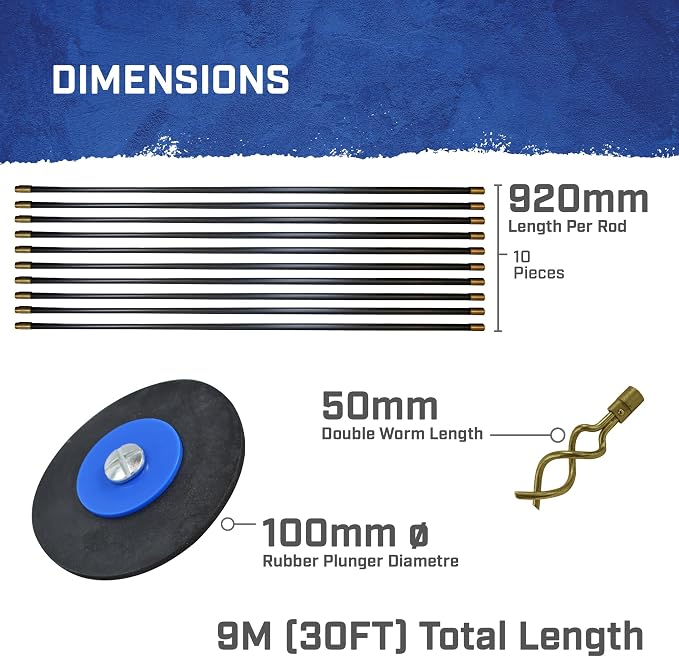 Faithfull FAIDRSET12 Drain Rod Set 9M (30ft) 10 x Rods, Plunger, Worm. Brass Rod Commectors