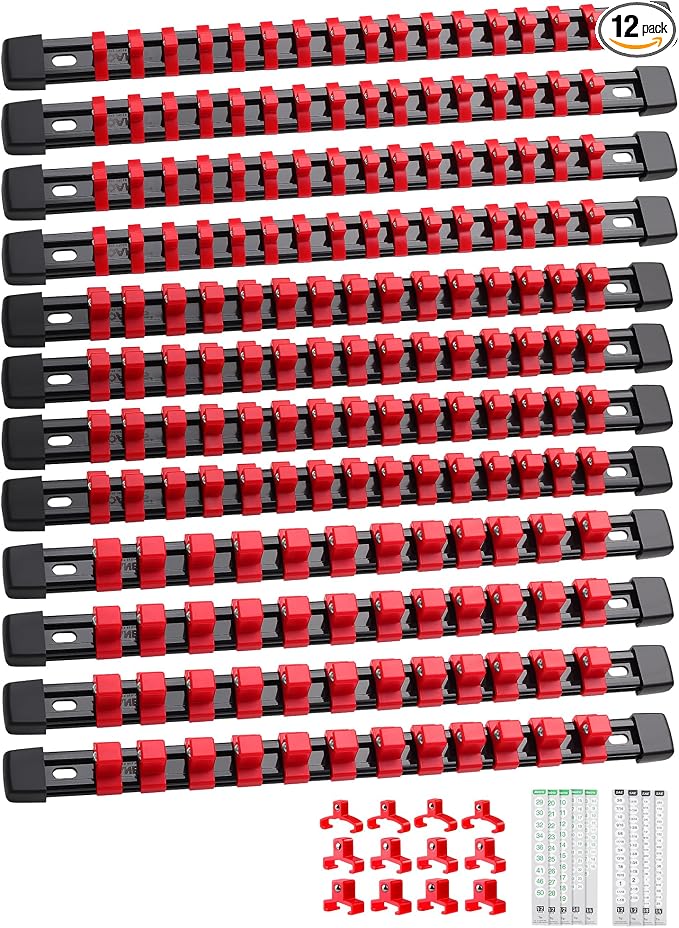 ALOANES 12PC Socket Organizer, Socket Rails Fit 1/2", 1/4" and 3/8" Drive | Heavy Duty ABS Socket Holders Hold up 172 Sockets for Toolbox Drawer Bags(Red)