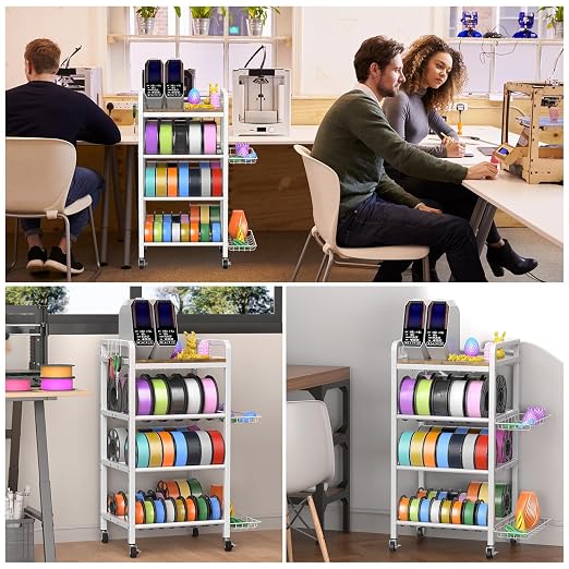 3D Printer Filament Storage Rack- 4 Tiers Filament Spool Holder, Heavy Duty 3D Printing Stand Filament Organizer with 360° Wheels, Metal Filament Stand Shelf for PLA/ABS/TPU/Nylon (White)