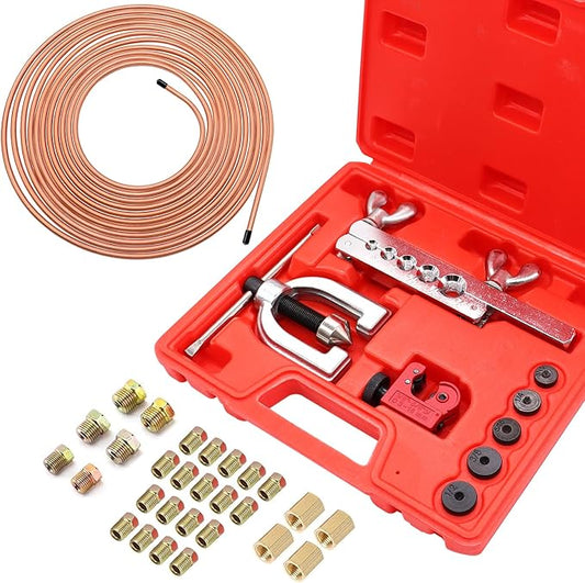25 ft 3/16inch Copper Coated Brake Line Kit(Includes 24 Fittings and 4 Unions) with Double & Single Flaring Tool Kit
